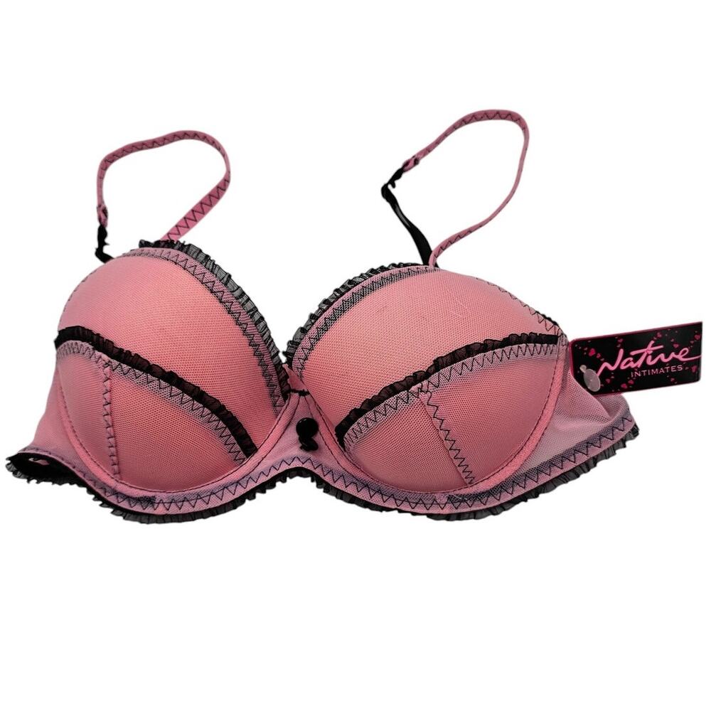 Vtg Y2K Native Intimates Womens Sz 36C Sexy Bra Light Pink Black Mesh Lace NEW